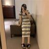 Striped Casual Knitted Dress - Women's Summer 2025, Loose Slimming Mid-Length, Short-Sleeve Lazy Style