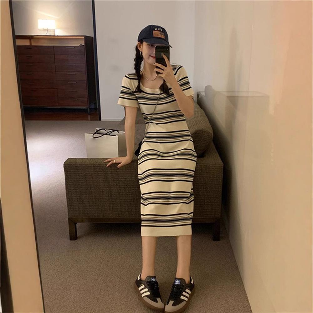 Striped Casual Knitted Dress - Women's Summer 2025, Loose Slimming Mid-Length, Short-Sleeve Lazy Style