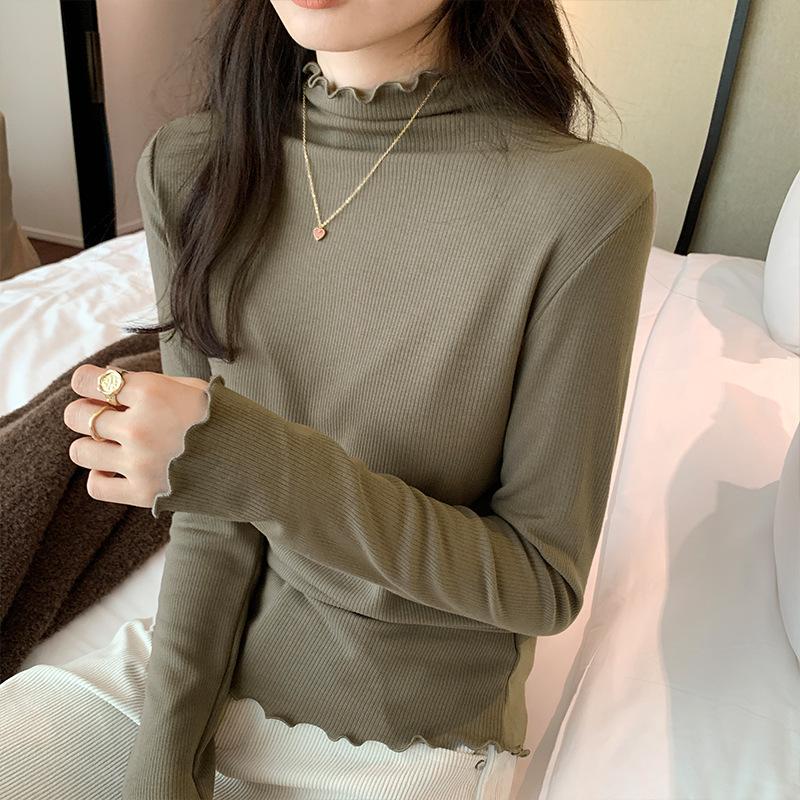 White half-high collar, modern style, middle collar, brushed top, women's autumn and winter new style, versatile plus velvet bottoming shirt