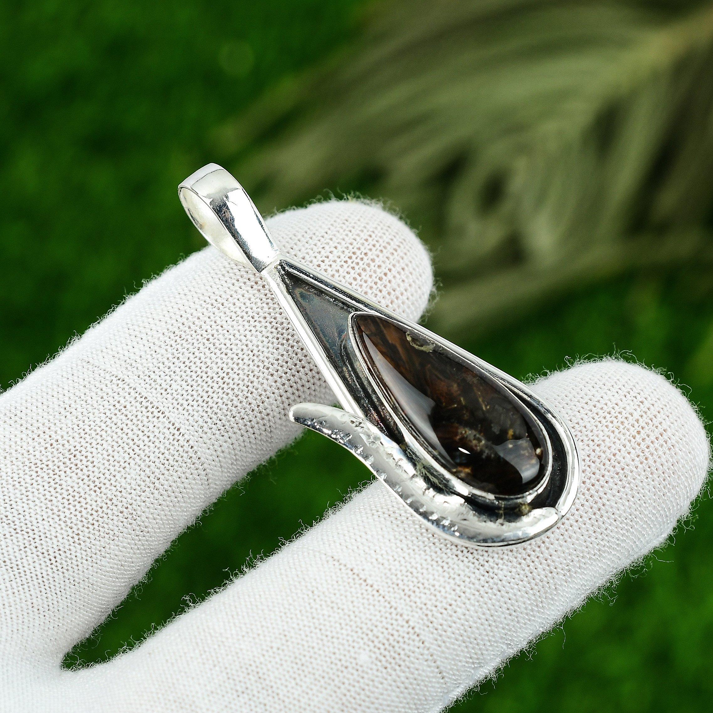 

Sterling Silver Pear Stick Agate Gemstone Bezel Elegant Daughter Ethnic Pendant