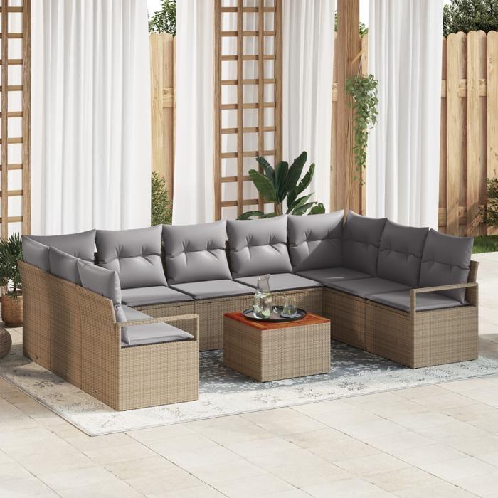 Ensemble de Canapés de Jardin vidaXL de 10 Pièces avec Coussins Beige Poly Rattan Acacia, Canapé de Jardin 2 Places vidaXL 3356418