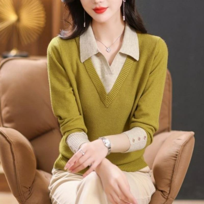 

Модный оригинальный осенний новый поддельный двухсекционный свитер с воротником поло женский контрастный пуговицы свободный простой лоскутный длинный рукав трикотажный топ 2XL зелёный