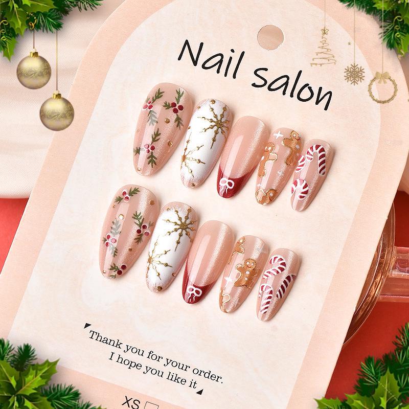 24-Piece European & American Christmas Almond Cat Eye Nails with Gold Foil, Rhinestones, and Snowflake Art