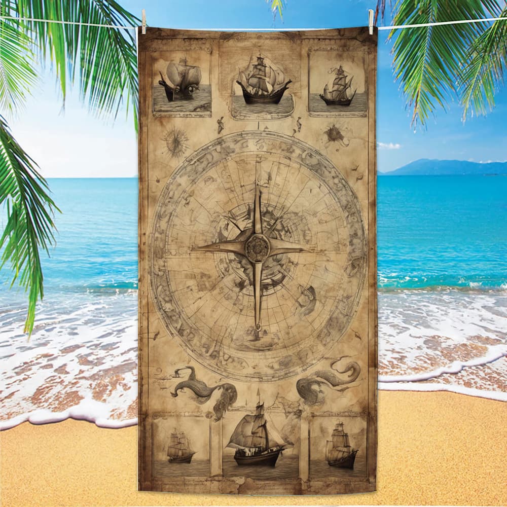 Vintage Nautical Beach Towel - Lighthouse, Compass & Pirate Ship Print, Quick Dry Microfiber for Travel & Pool