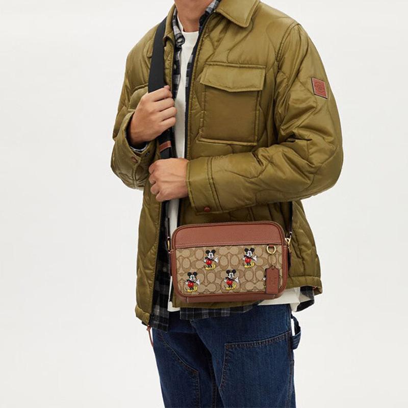 Coach X Disney Collaboration 22 Mickey Embroidered Color Block Multi-Slot Leather And Fabric Crossbody Bag Small Unisex Crossbody Bag CL960-B4KM