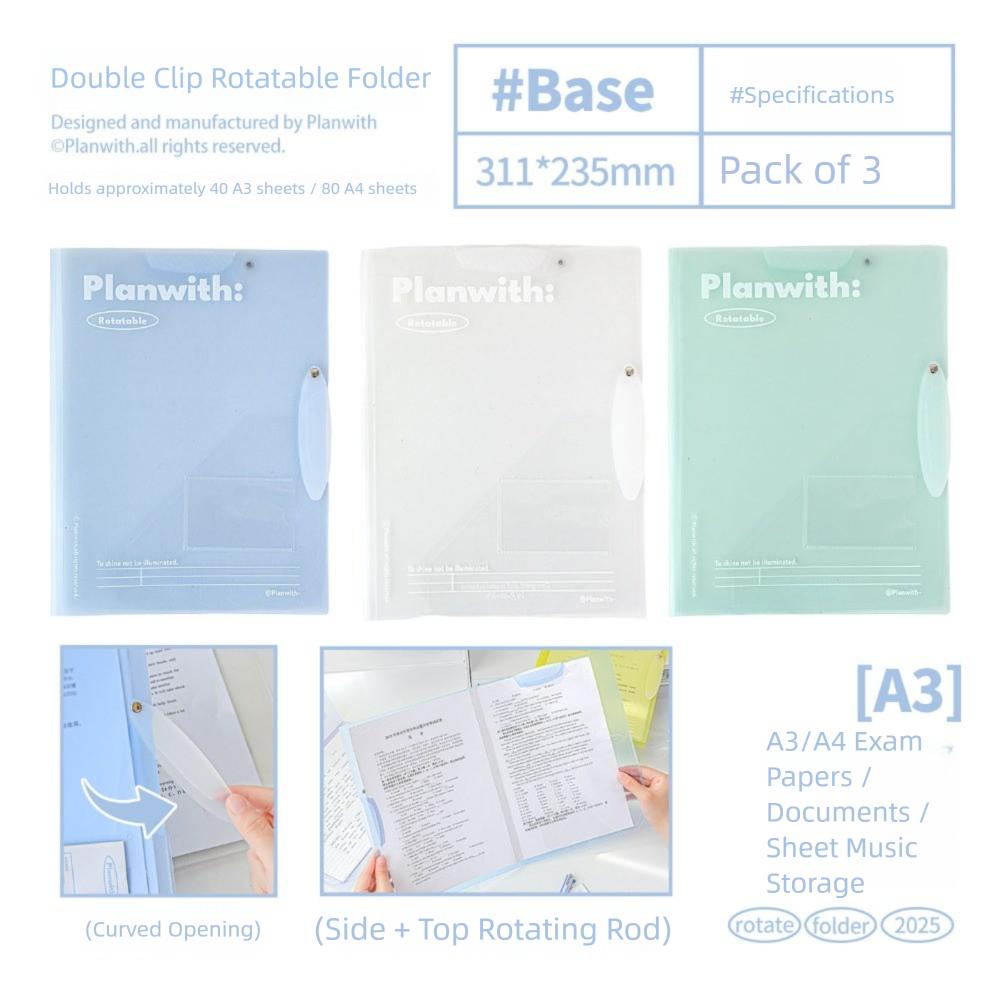 3pcs New Transparent Rotating Folder Test Paper Folder Portable Test Paper Storage Book A3 To A4 Student Stationery