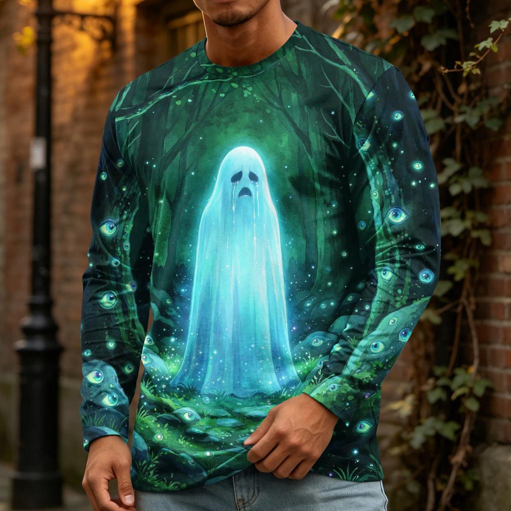 Men's Halloween Print Long Sleeve Neck T-Shirt Loose Fit Casual Top