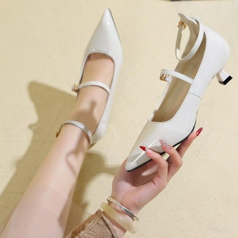 Fashion Spring New Thin Heel Shoes Women's Fashion Pointed Head Shallow Mouth Metal Buckle A Line with Non-slip Low Heel Shoes