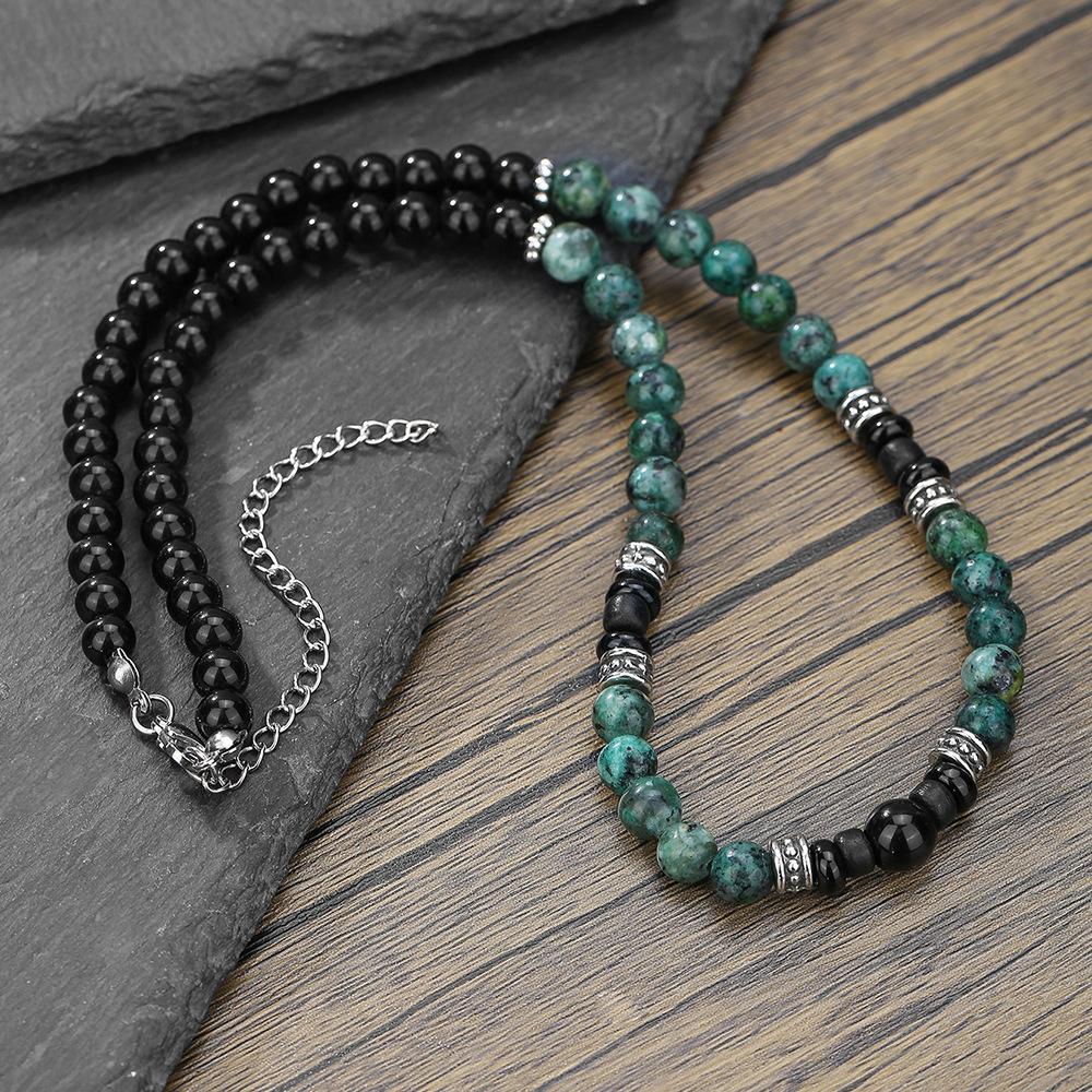 Collier Homme Fait Main Perles Pierre Naturelle Couche Unique Personnalisé Style Punk Acier Inoxydable Collier Homme
