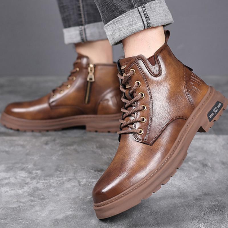 Autumn Early Winter Genuine Leather Shoes Mens Fashion Single Boots Brand Male Ankle Boots Black Brown Non-slip Thick Sole
