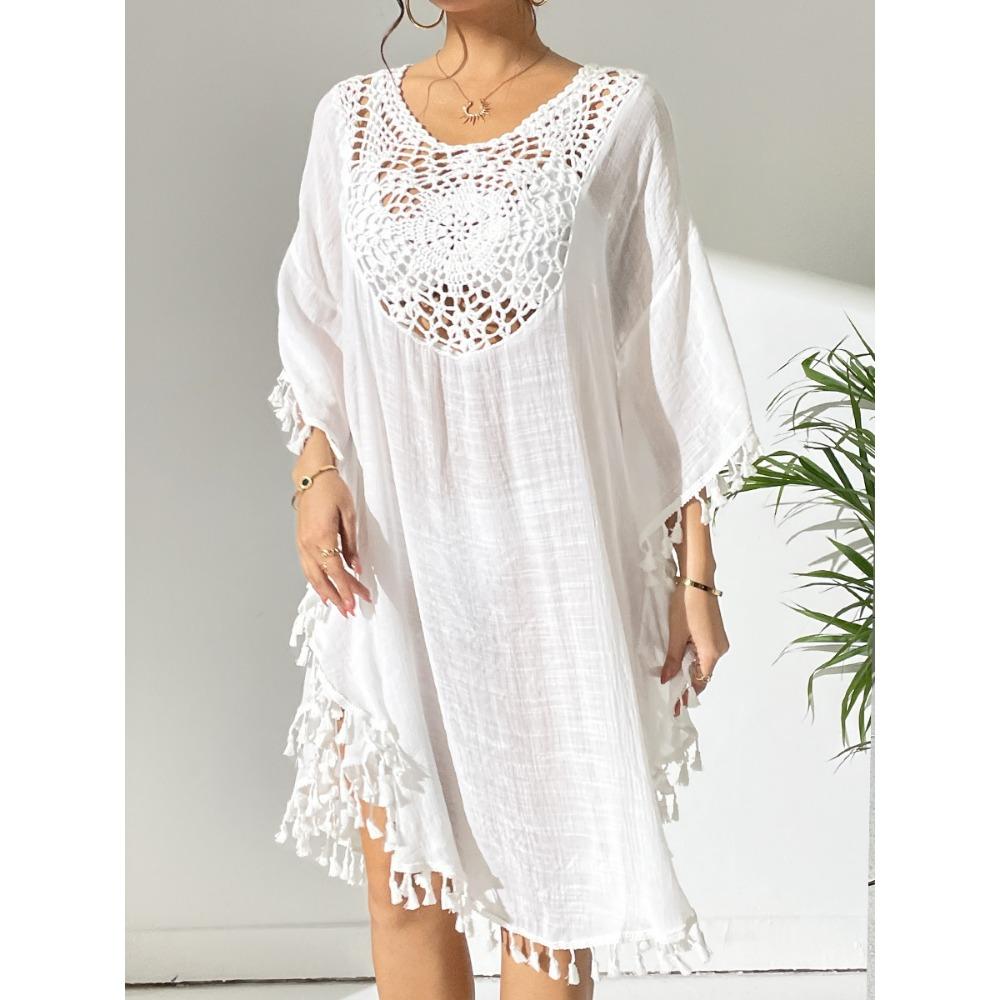 New Beach Cover Shirt with Hook and Flower Splicing Tassel Bikini, Paired with Beach Dress