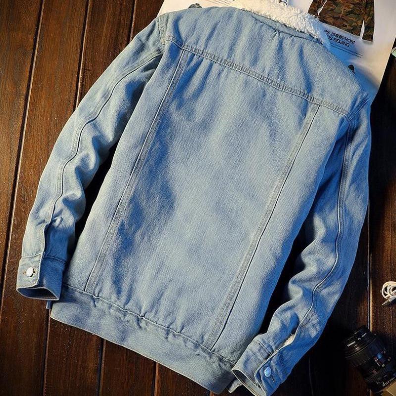 Men's Winter Velvet-Lined Denim Jacket - Thick, Warm Lambskin, Loose Fit, Large Size Cotton Coat