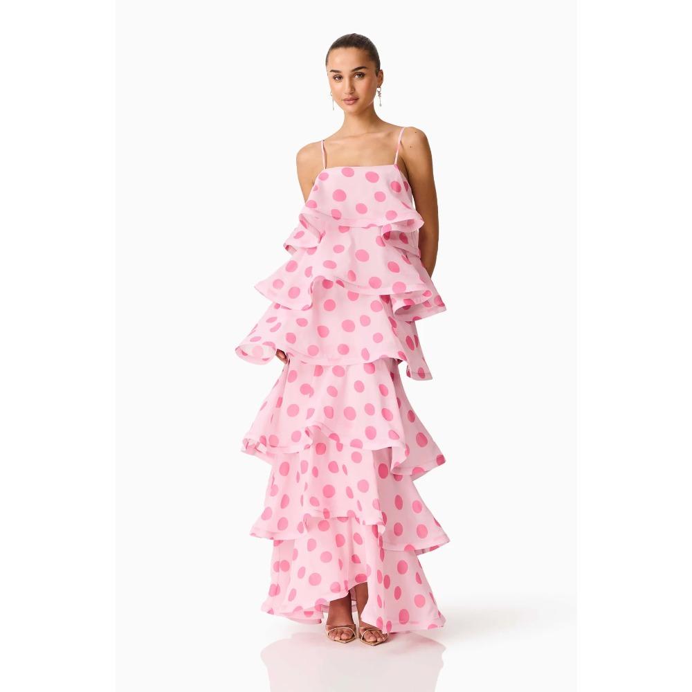 

European and American Summer Models Polka Dot Printing Multi-layer Cake Sweet Fashion Suspender Medium and Long Dress 135 S розовый