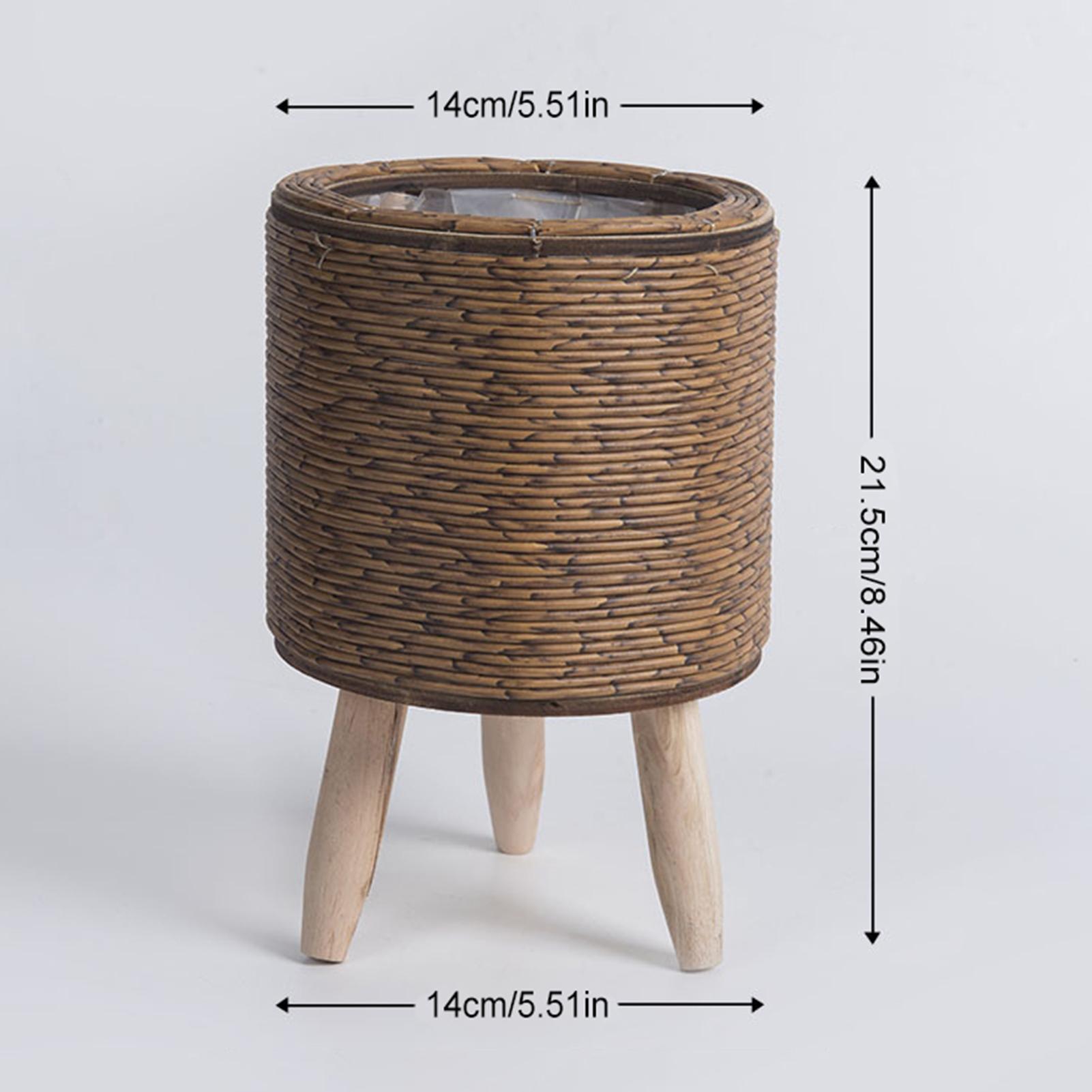 

Rattan Flower Basket Stand Wooden Legs Triangle Plant Holder Desktop Rattan Weaving Multipurpose Storage for Succulents Plants