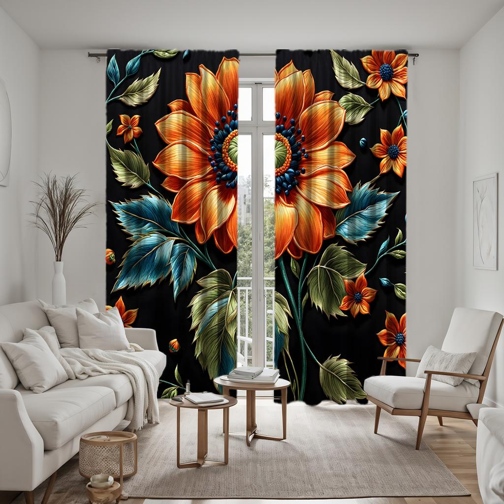 2pcs HD Black Gorgeous Sunflower Curtain Black Digital Printed Curtain Home Decoration Style Decorate Living Room Bedroom Wea