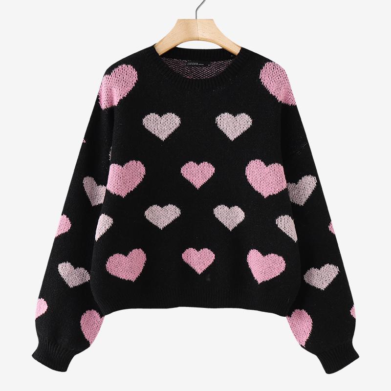 

ZANZEA Женский осенний джемпер с длинным рукавом и принтом сердечек, повседневный вязаный свитер 3XL чёрный