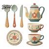 Decorative Wall Stickers for Home 7Pcs 2D Flat Kitchen Wooden Decor, Retro Teapot Tableware Themed Modern Murals Art, Self‑Adhesive Plaques