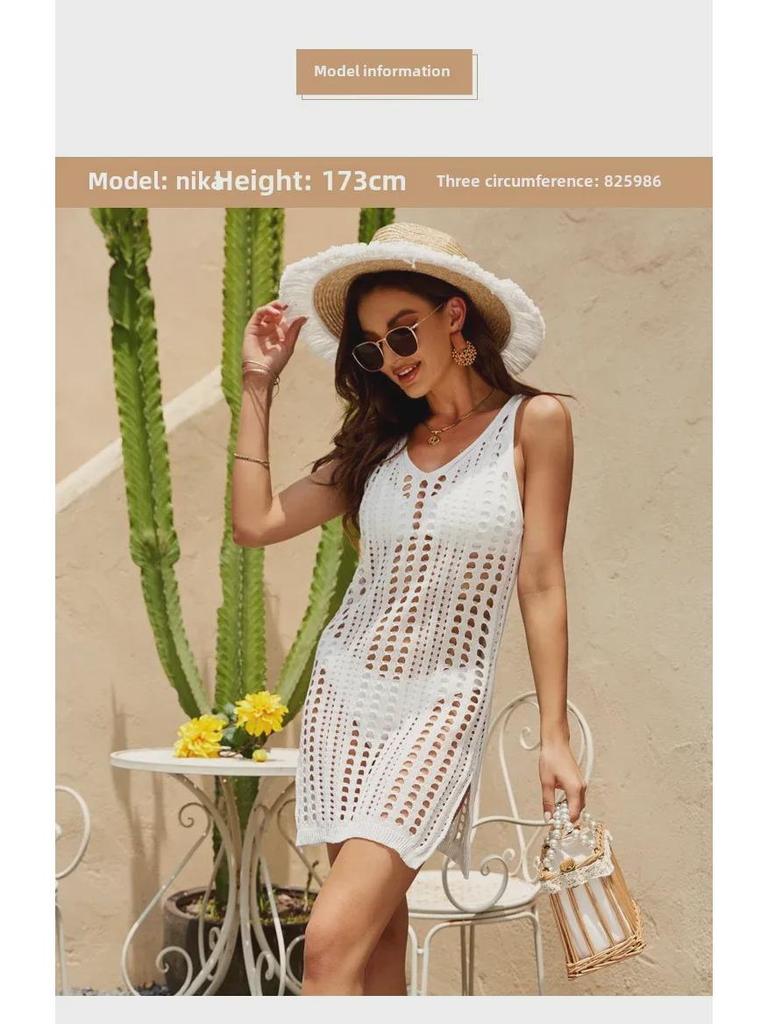 2024 Summer Sun Protection Sleeveless Spaghetti Strap Knit Dress with Slit