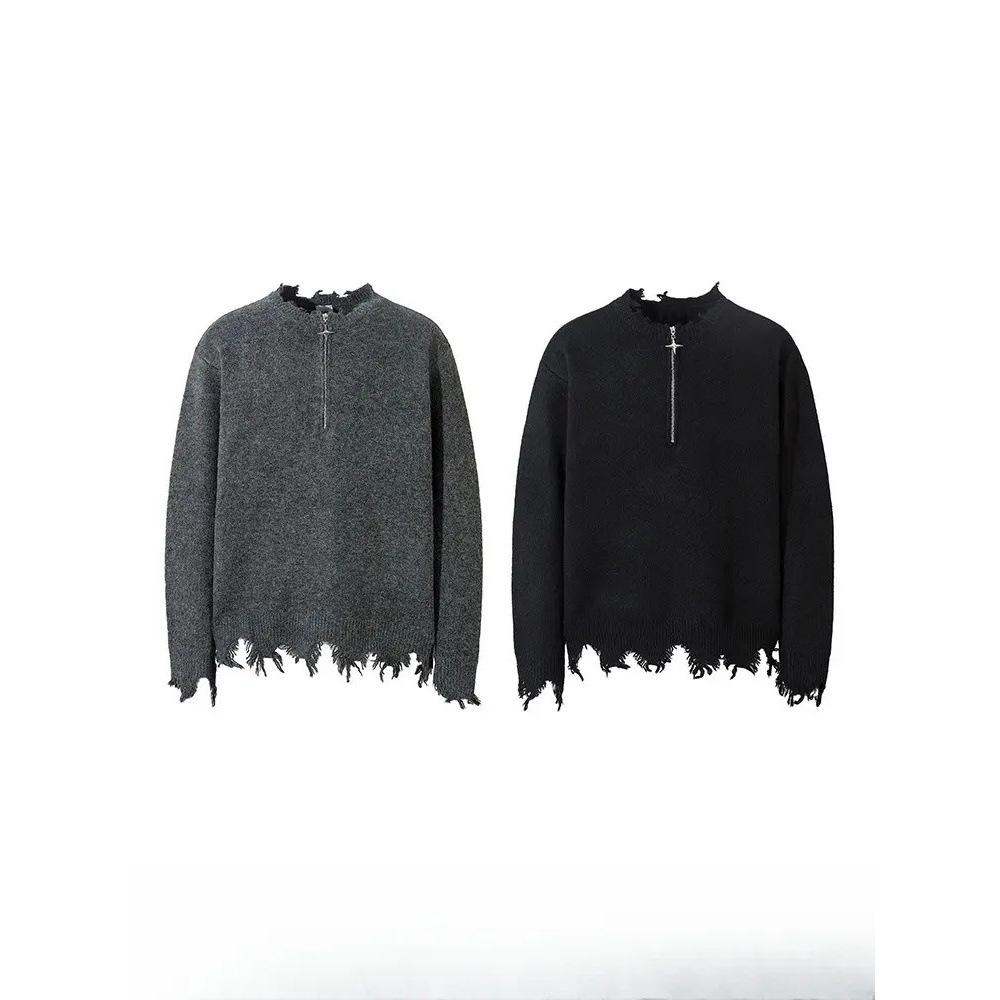Men's Half-Zip Ripped Sweater - American High Street Design, Round Neck, Casual Knitwear for Couples (Spring/Autumn)