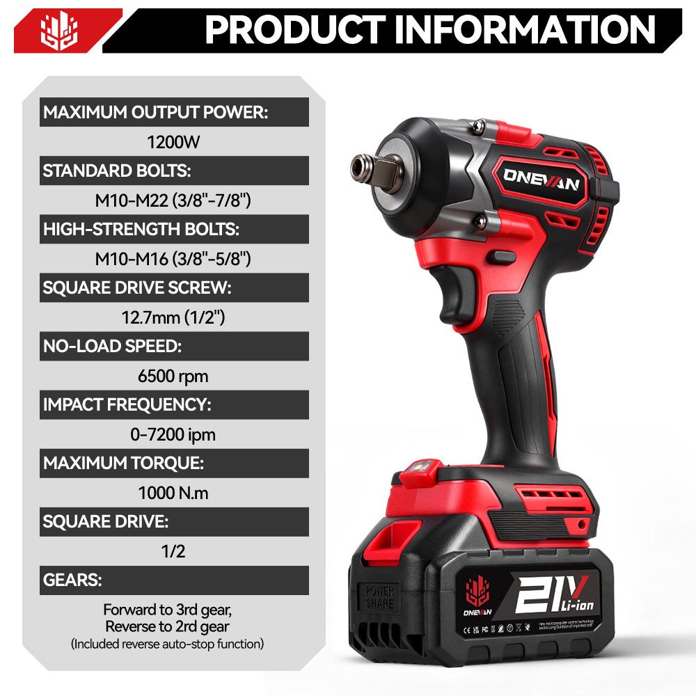 ONEVAN 1000N.M Brushless Electric Impact Wrench 1/2" Cordless Screwdriver Torque Wrench Power Tool For Makita 18V Battery Pin