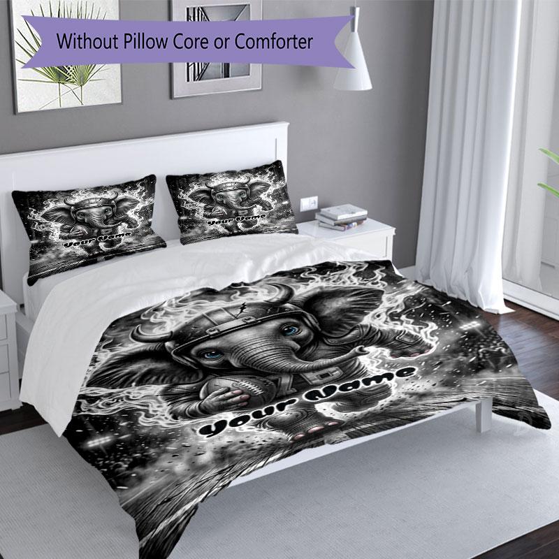 3PC Custom Name Epic Elephant Flames Bedding Set Printed Bedding Set Duvet Cover Closure Includes 1 Duvet Cover & 2 Pillowcases for All Seasons Bedroo