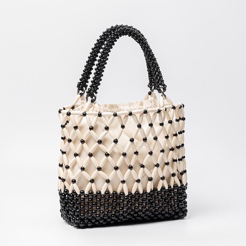European American Style Handmade Woven Hollow Out Beaded Bag, Women Wooden Bead Tote Bag, Beach Vacation Crossbody Shoulder Bag