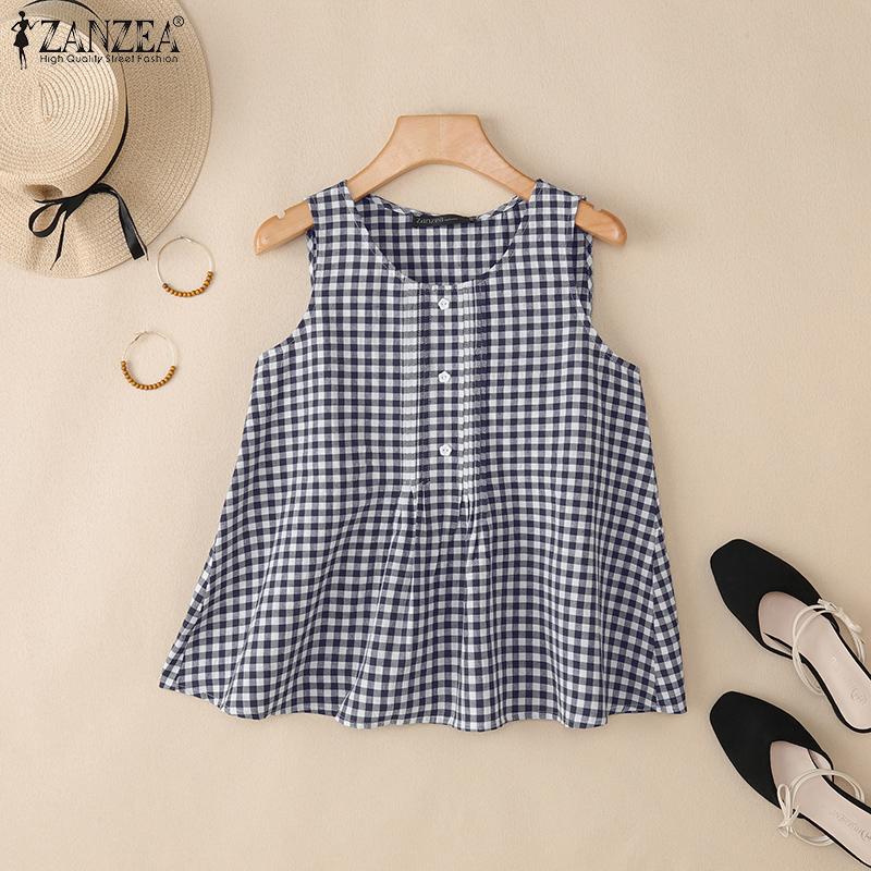 ZANZEA Women Summer Round Neck Casual Sleeveless Plaid Tank Tops