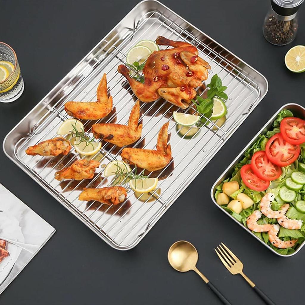 Baking Tray with Removable Cooling Rack Set Non-Stick Square Stainless Steel Baking Pan for Kitchen Cooking Outdoor Table Cart