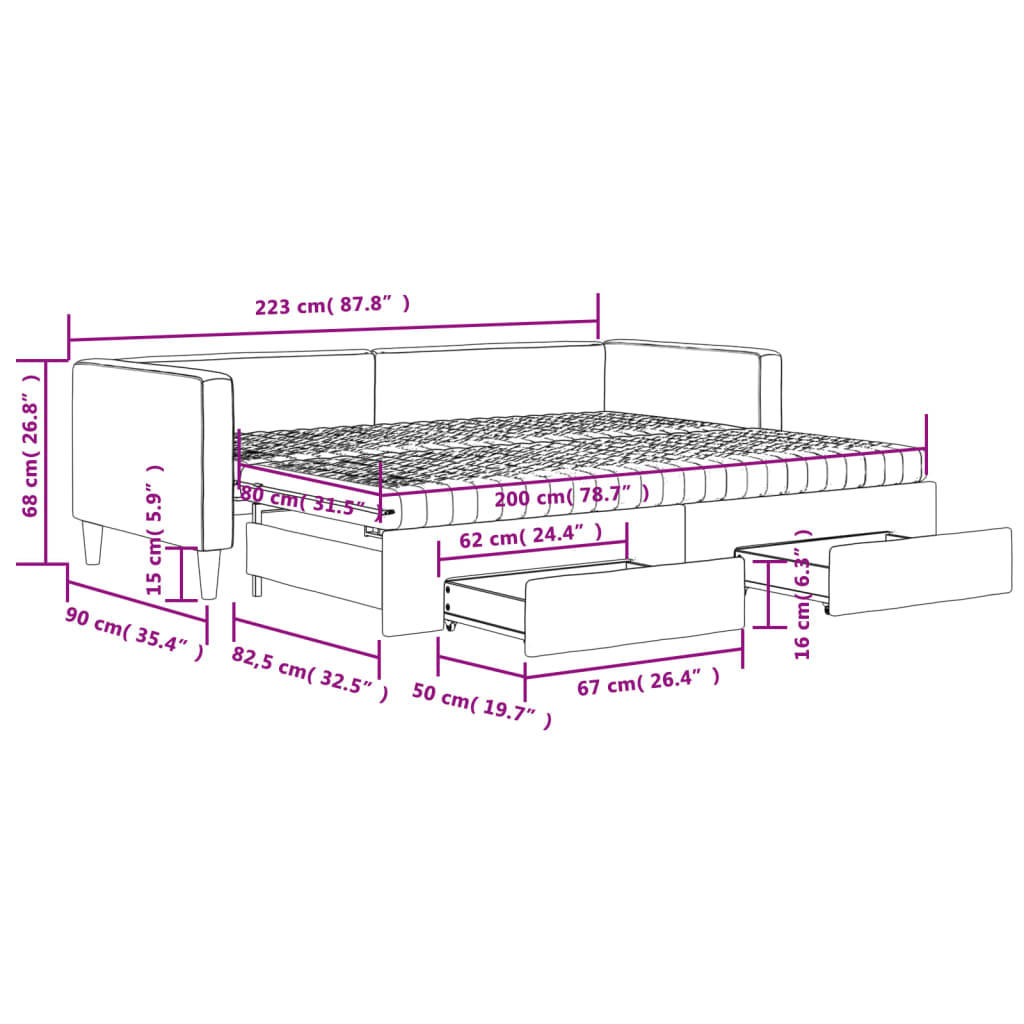 Pull Out Daybed with Drawers Cream 80 X 200 Cm Fabric