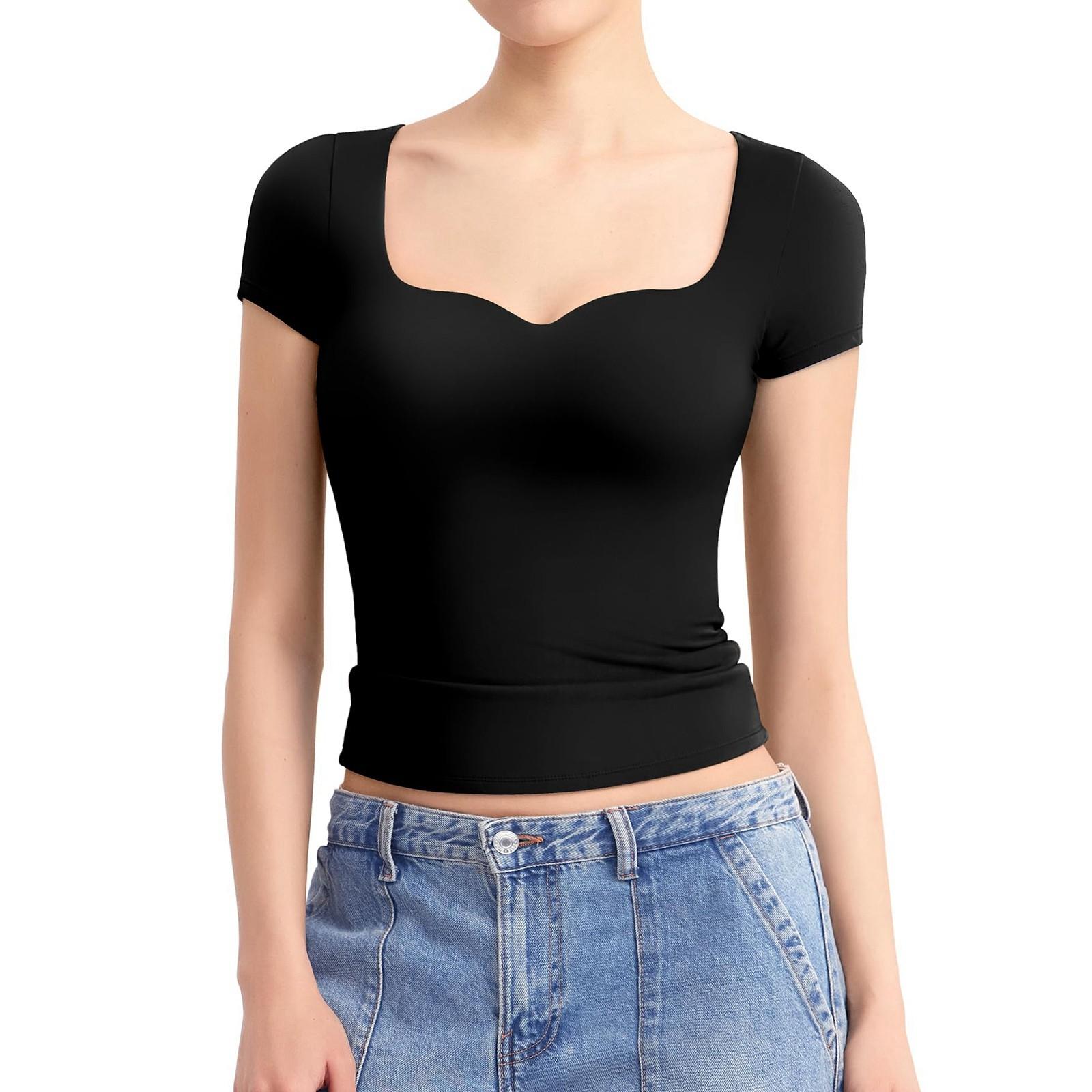 

Женская летняя сексуальная приталенная футболка с короткими рукавами и воротником в форме сердца L чёрный