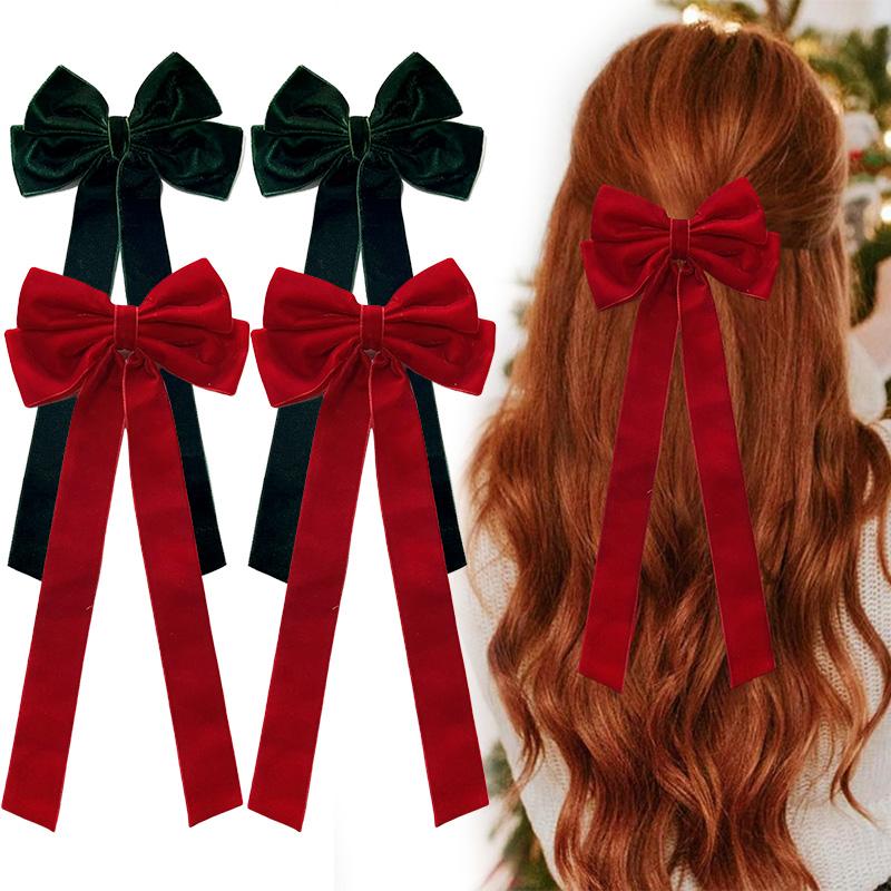 Samt-Haarspange für Damen, elegant, handgefertigt, schwarz, rot, grün, Doppelschleifen, Haarspange, lange Quaste, Haarschmuck, Weihnachtsgeschenk