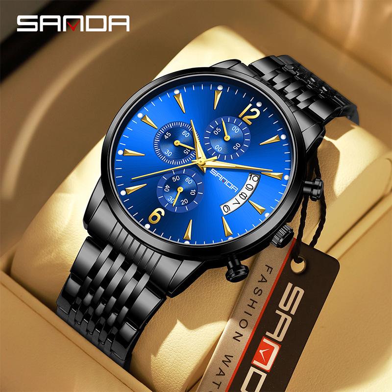 Sanda Retro Men's Waterproof Quartz Wristwatch with Small Seconds and Calendar - Fashionable Steel Band.