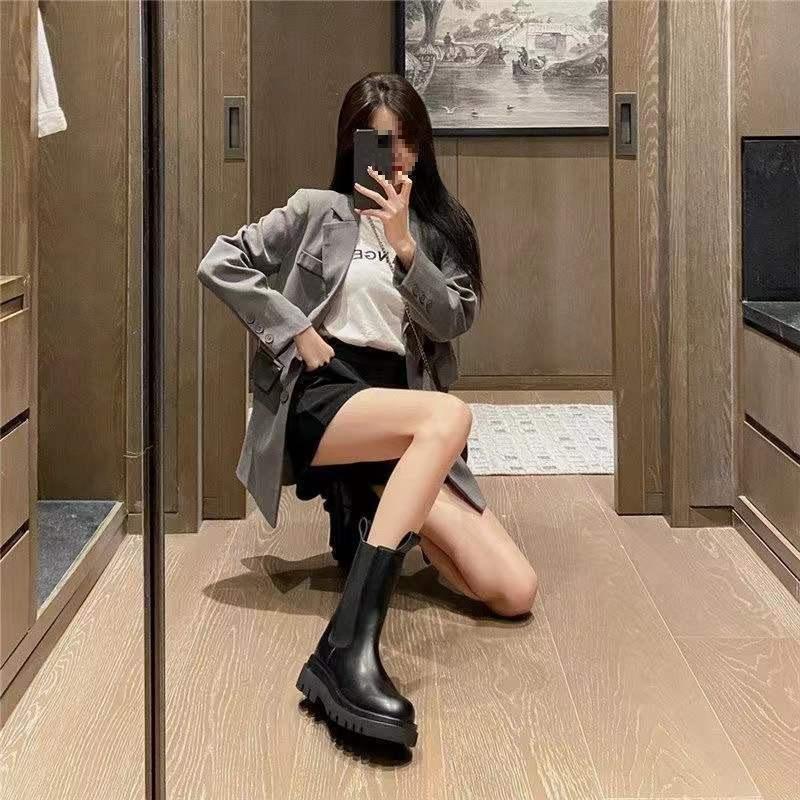 The same Martin boots women's British style spring and autumn single boots locomotive medium tube cigarette boots thick-soled Chelsea short boots