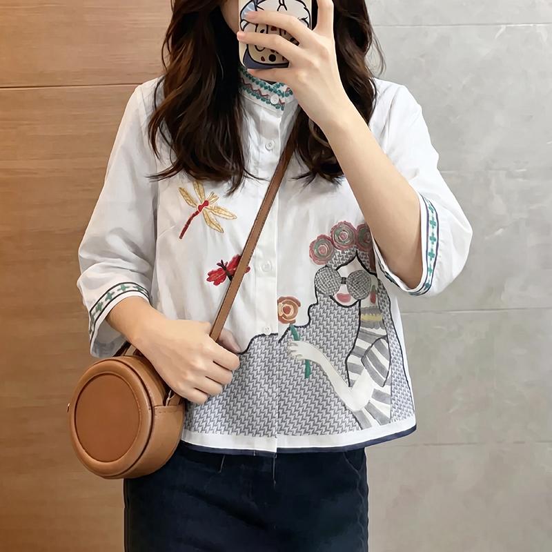 ZANZEA Women Stand Collar Loose Summer Casual Half Sleeve Print Blouse