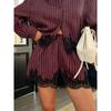 Women Lace Splicing Striped Long Sleeve Shirt And Drawstring Shorts Two Piece Set