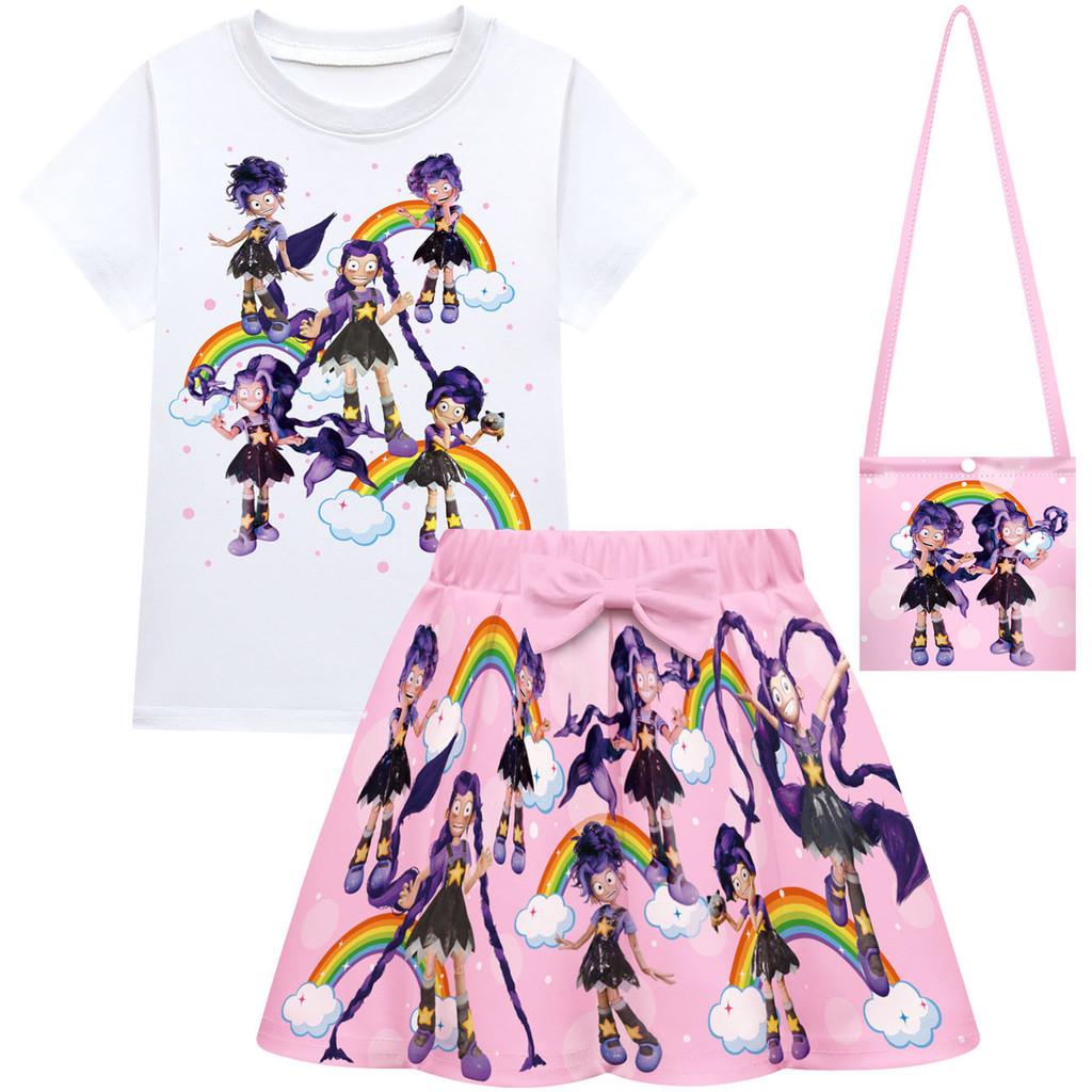Kinder Mädchen Spielzeit Lily Lovebraids Bedrucktes Lässiges Kurzarm-T-Shirt Rock Tasche Set 100cm rosa