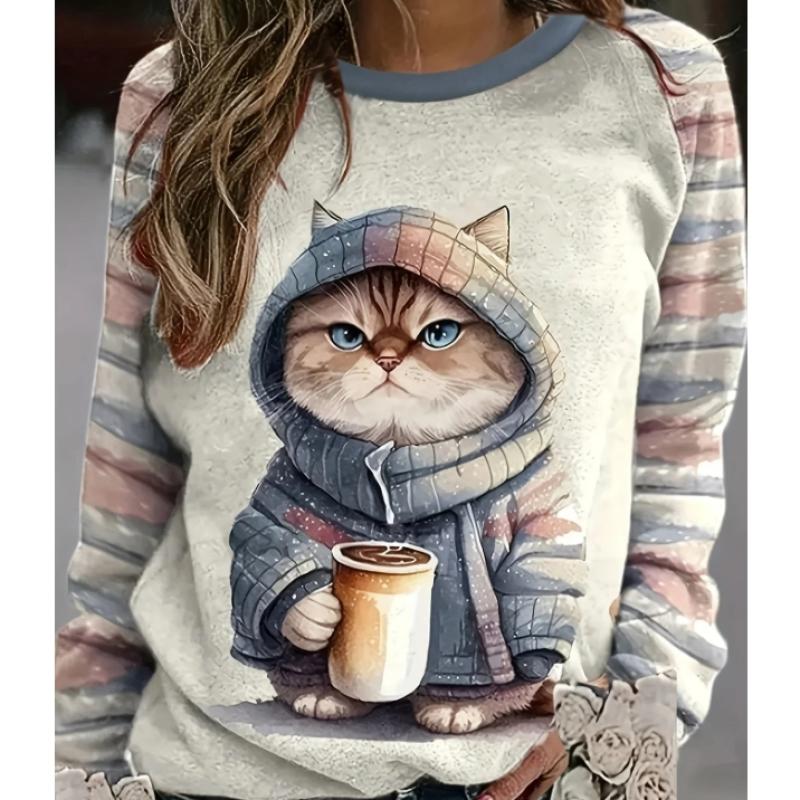 Casual Harajuku Long Sleeve T-Shirt with 3D Cat Print and Round Neck