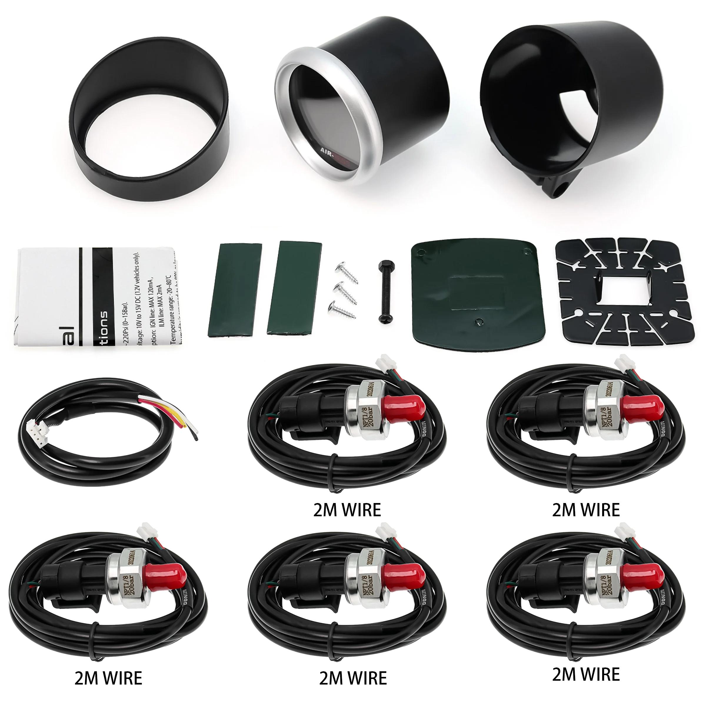 HA Accessories 52mm 5 Press Digital Air Pressure Auto Gauge  Auto Meter with 1/8NPT 1/4NPT Sensors PSI BAR Can Change 2m wire 1 8NPT