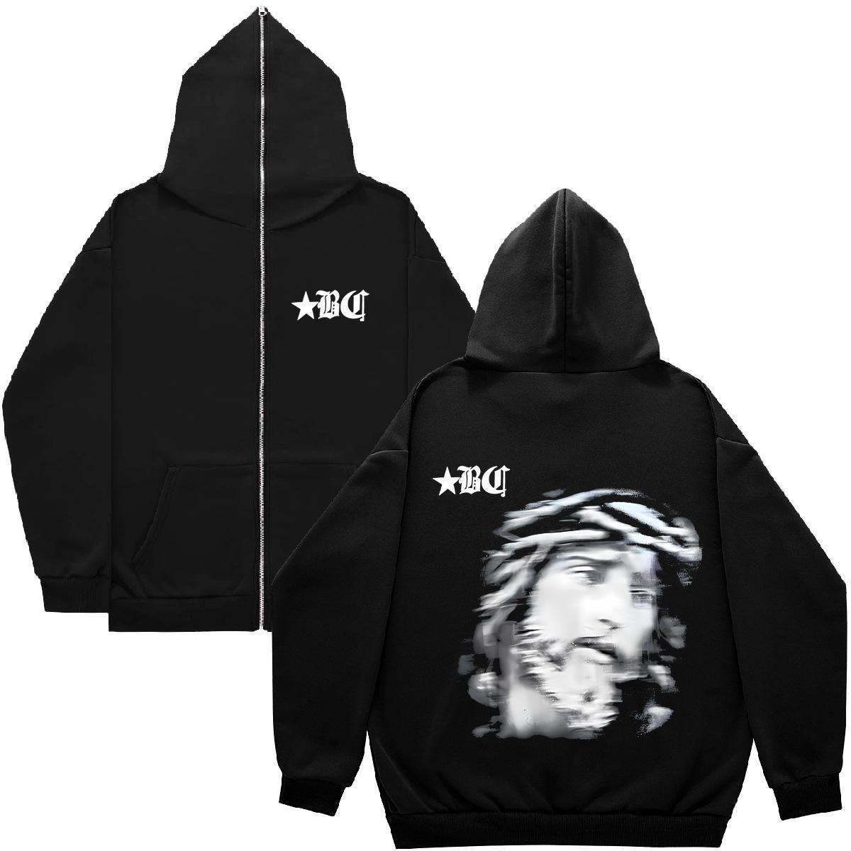Full zip hoodie sweater gothic high street full zip oversized coat men s and women s streetwear y2 coat S чёрный