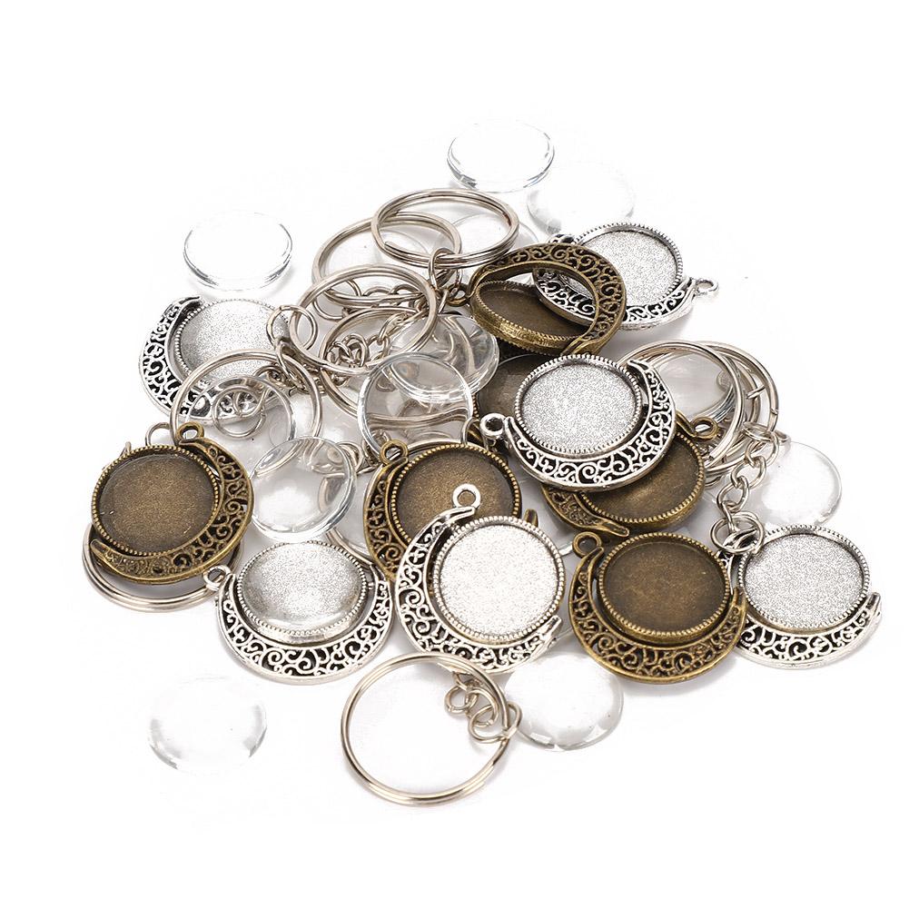 

48pcs Rotation Pendant Base Tray Round Glass Domes Key Rings Jewelry DIY Tool Accessory