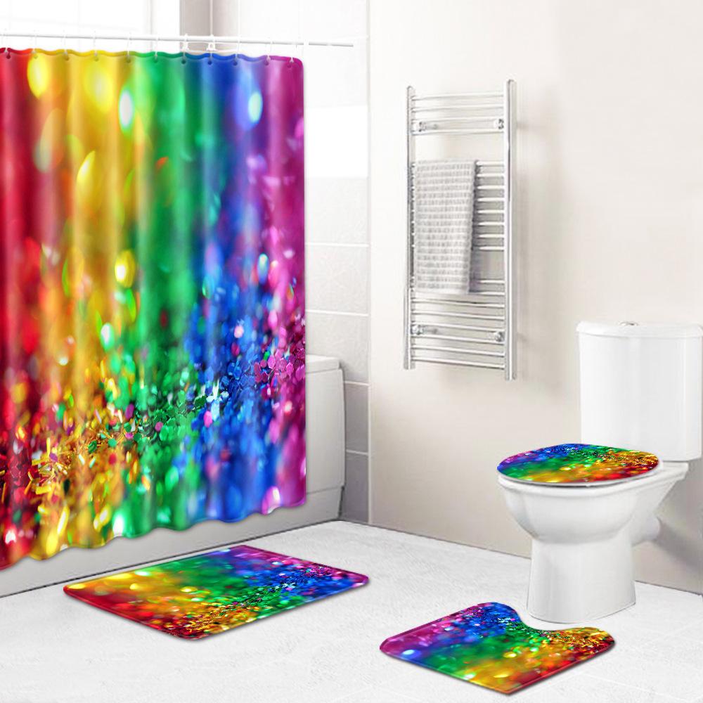 Christmas Shower Curtain Floor Mat Combination Four-Piece Set Bathroom Toilet Carpet Shower Room Mat Foot Mat