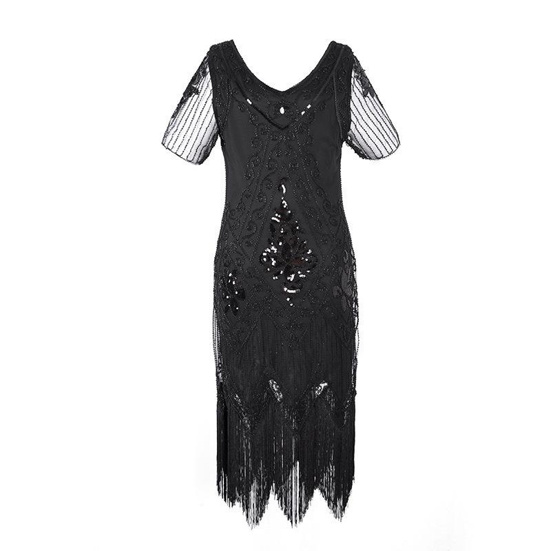 1920s Gatsby V-neck Evening Gown with Embroidered Beading and Sequins Short Sleeve Formal Dress