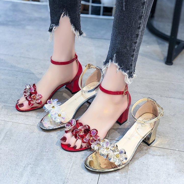Crystal Sandals with Low Heels Women Sandals 2024 Summer Shoes Women Open Toe Crystal Chunky Sandals Heels Women Gold Sliver