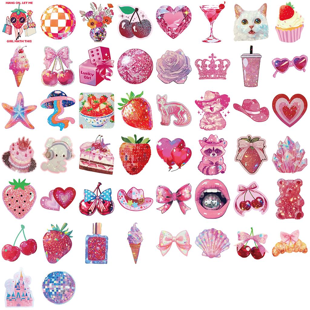 50PCS Rose Pink Stickers Cartoon Doodle Designs Decorate Laptops, Phones, Luggage, and Water Bottles Waterproof Stickers