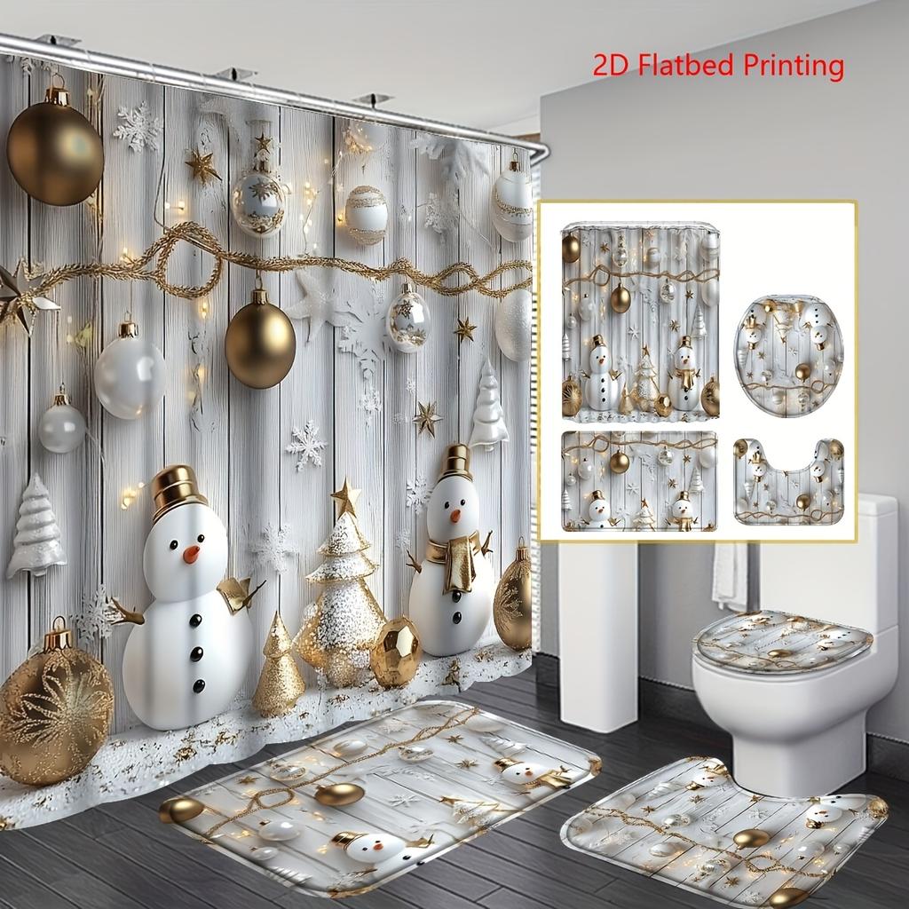 4Pcs 2D Christmas Snowman Shower Curtain Set with Non-Slip Bath Mat, Toilet Lid Cover, Contour Rug & 12 Hooks, Bathroom Decor