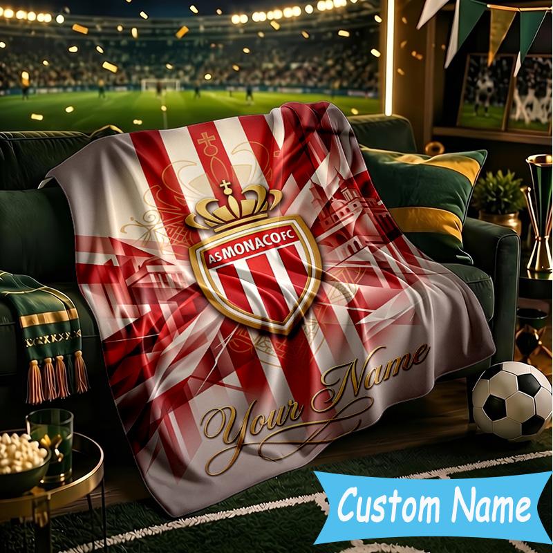 Custom Name As Monaco Fc Crest Flannel Blanket, Use for Birthday/Holiday Gift, Soft Blanket for Sofa/Bed/Camping/Office, Home Decor