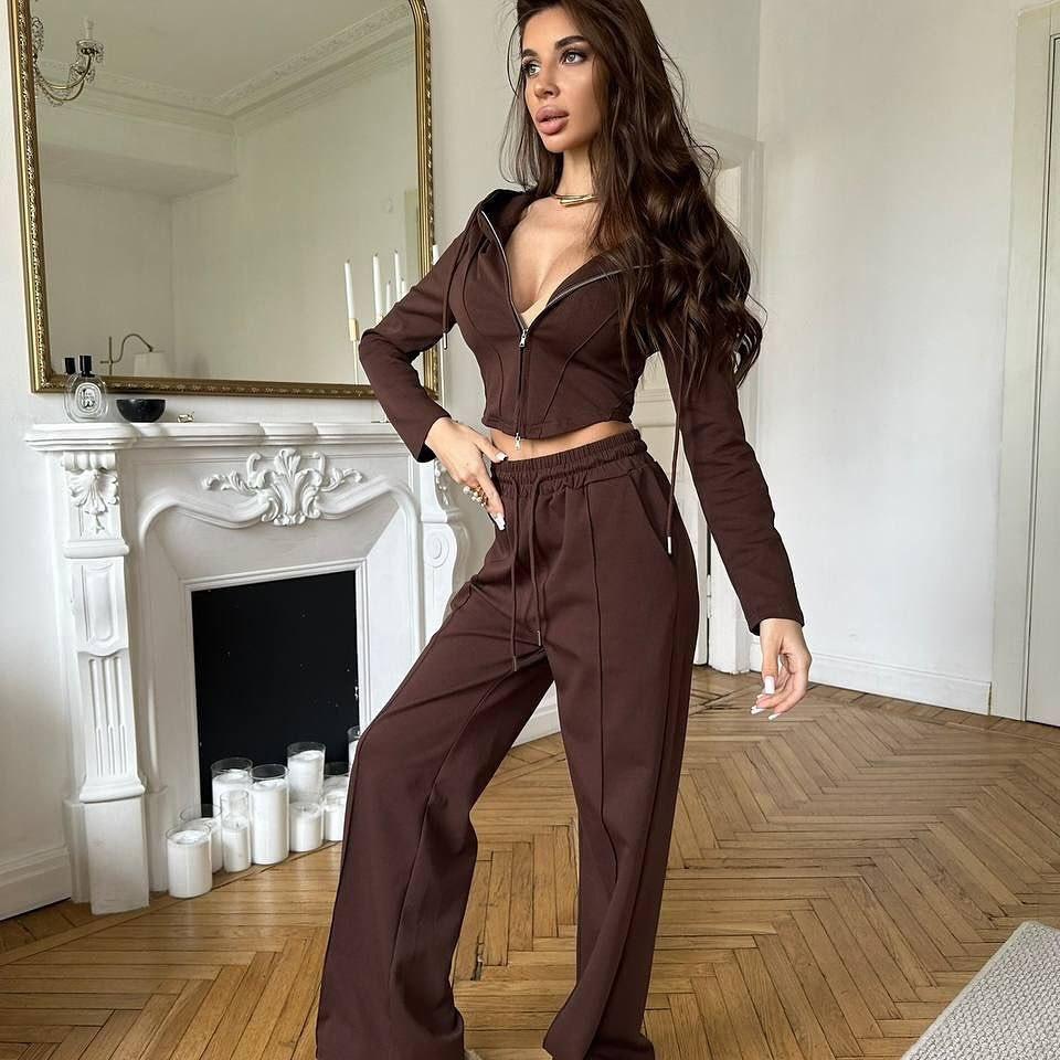 Women's Casual Lounge Set Long Sleeve Zipper Crop Top Lace Up Pants 2 Piece Outfit