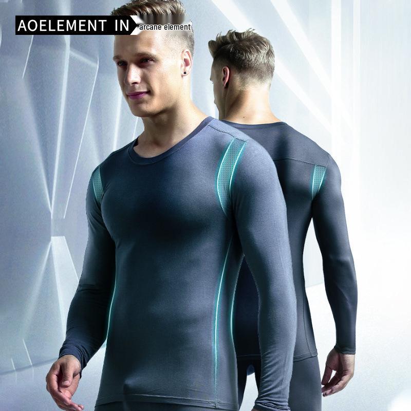 Men's Slim-fit Warm Mesh Base Layer Shirt - Round Neck, Breathable, Sweat-wicking, Thin Top for Autumn/Winter