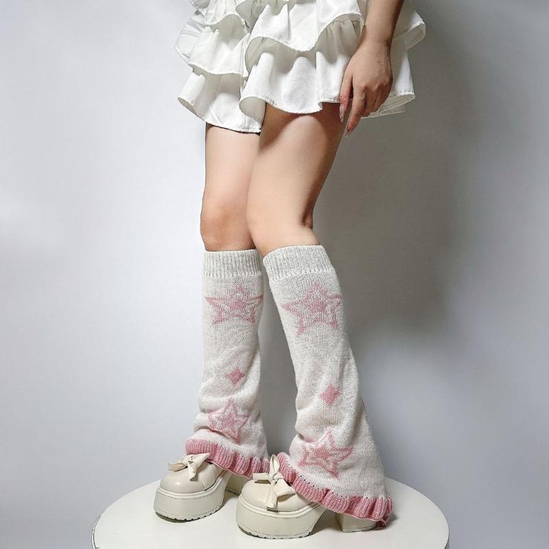 Punk Women Leg Warmers Japanese Aesthetic Star Pattern Flared Knitted Foot Cover Ruffle Trim Long Stockings Streetwear