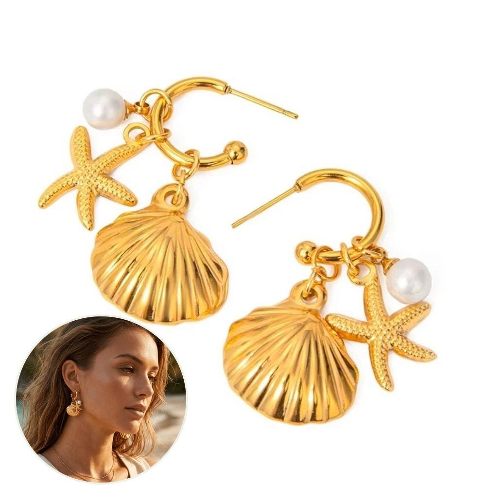 Pearl Accent Shell Necklace Gold Color Drop Earrings Stylish Women Jewelry Beach Wear